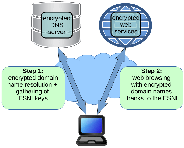 Moving towards a fully encrypted Internet: DNS encryption and ESNI in TLS