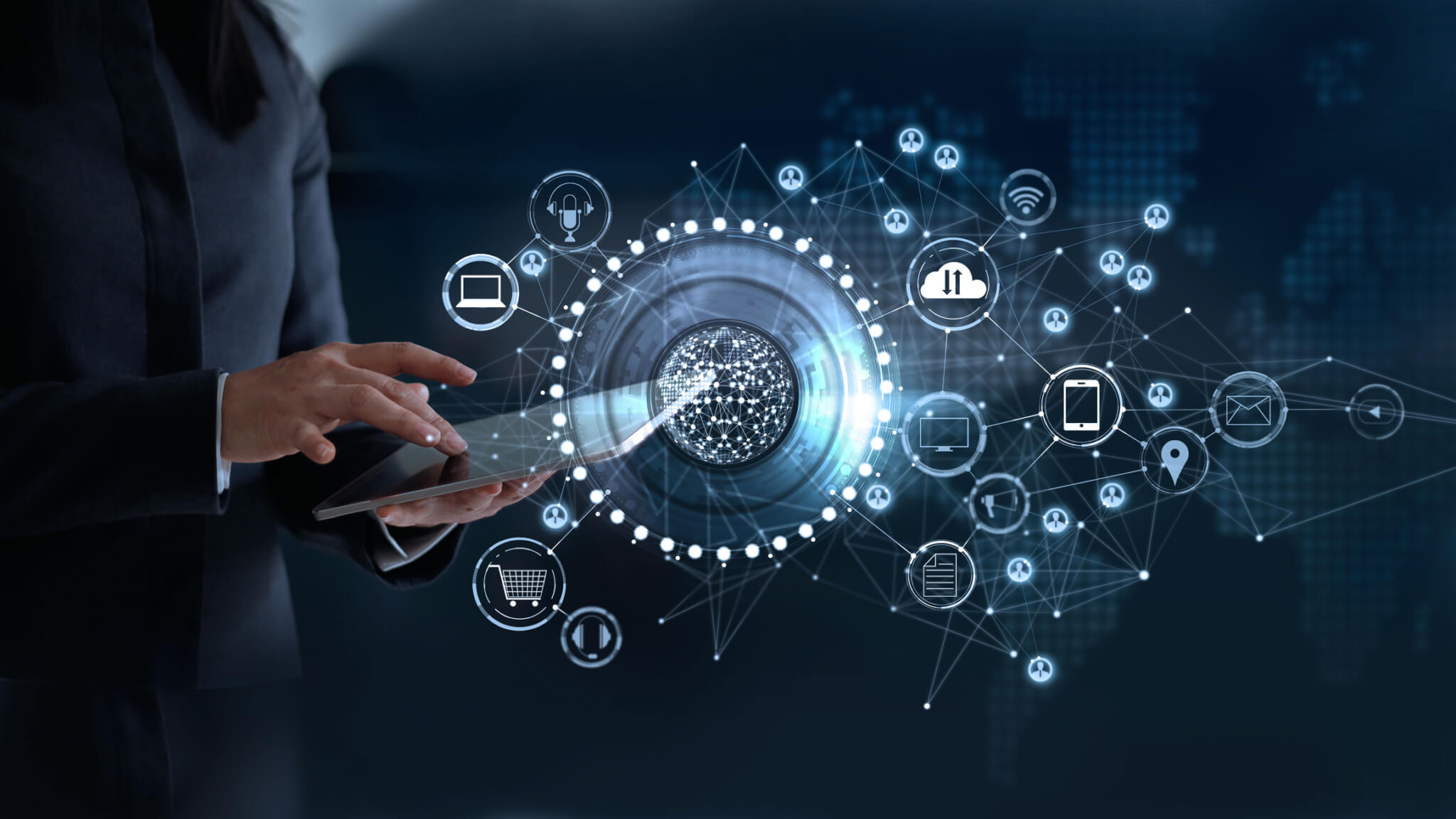 Woman touching a global network connection, Omni Channel and communications concept Single Sign-on and Active Directory Integration active directory,single sign on,ad servers,sd wan,ai