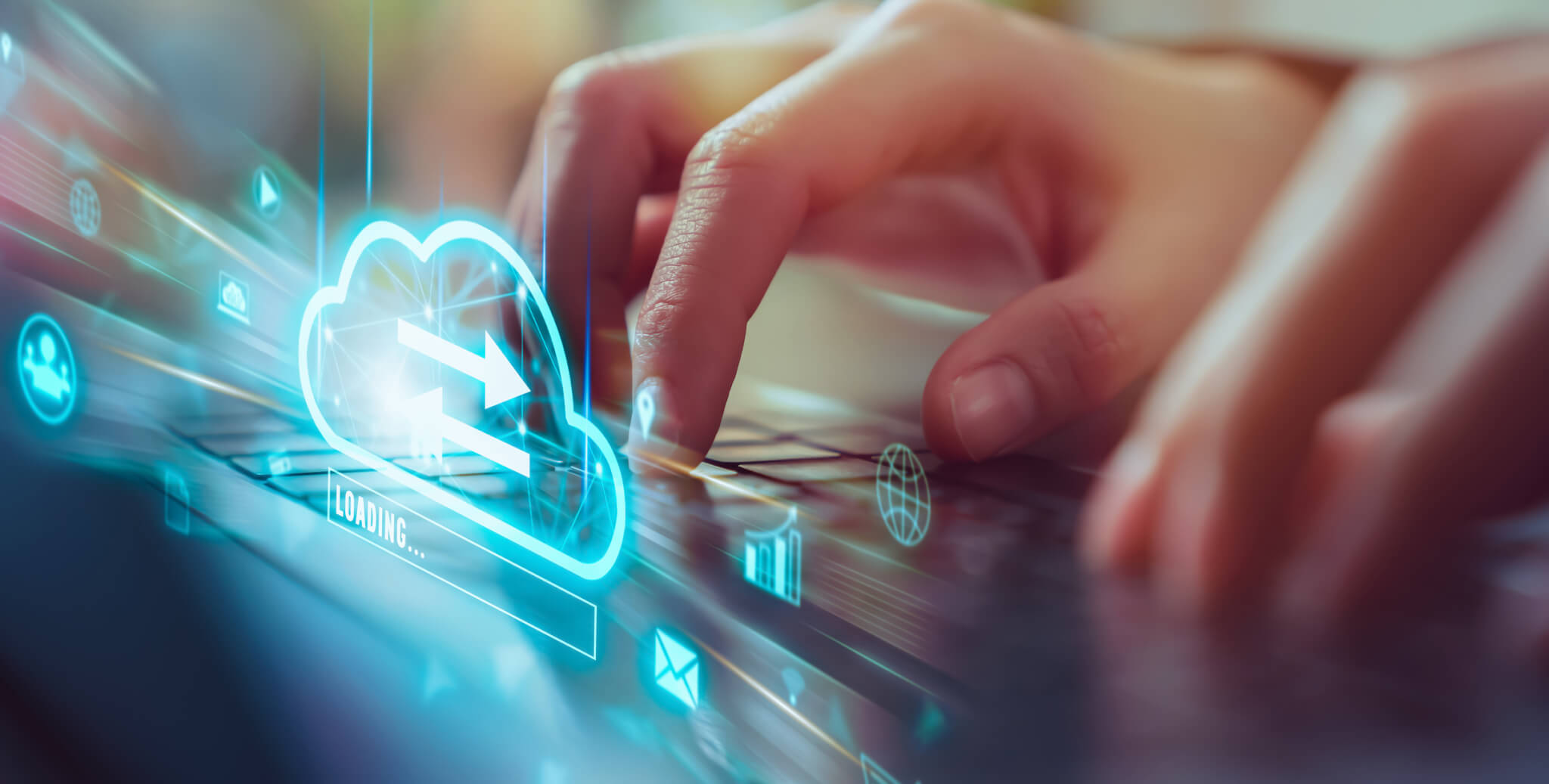 Cloud computing technology concept, Hand using laptop with upload data on internet storage. Remote WLAN Management System wlan,wlan routers,wlan network,wlan wifi,remote control