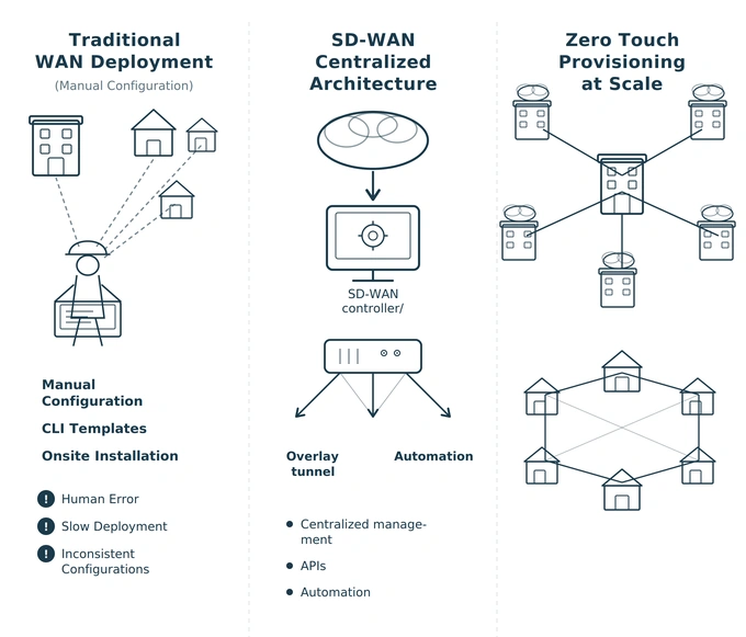 Zero Touch Provisioning (ZTP) at scale: How SD‑WAN automation enables large‑scale network deployments? Traditional WAN - SD-WAN - Zero Touch Provisioning (ZTP) - Teldat